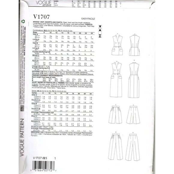 Vogue V1707 Misses 8 to 16 Vest, Shorts and Pants Uncut Sewing Pattern - Picture 2 of 2